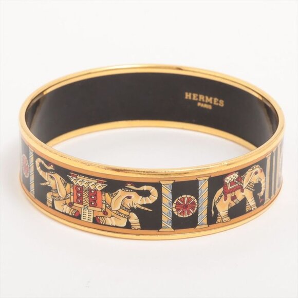 Hermes Emile GM Bangle With Elephant Pattern GP Enamel Gold Black